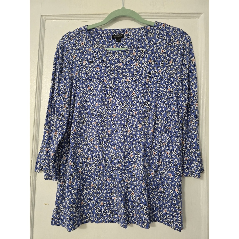 J. Jill Spring Blue Floral Print Women's Top Stretchy T Shirt Cottagecore Size M